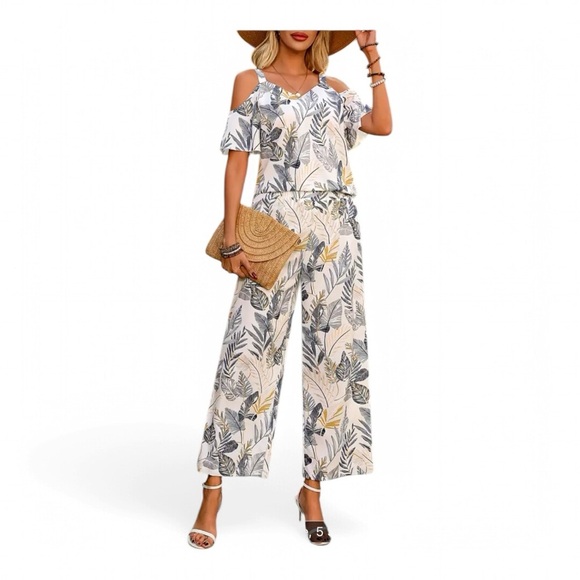 Two PC Floral Print Pant Suit,Off the shoulder short sleeve top & Wide Leg Pant - Picture 3 of 5
